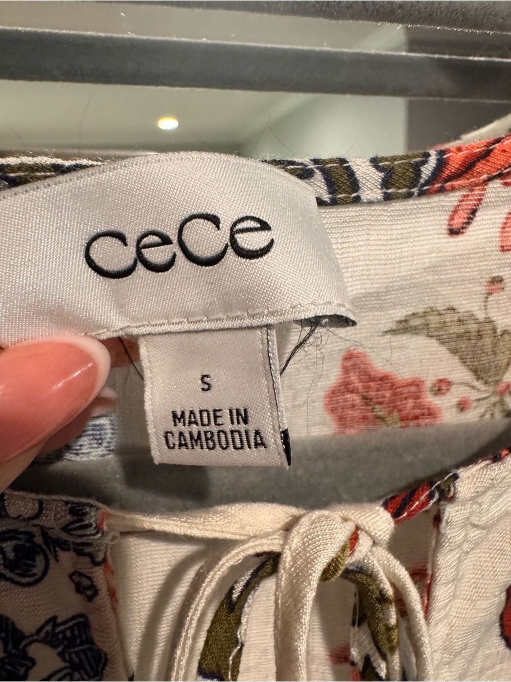 CeCe Cream Floral Tie-Neck Peasant Blouse with Coral and Blue Blooms - Picture 5 of 6